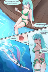 1girls air_bubbles blue_hair comic marima666_(artist) medium_breasts pink_hair swimsuit underwater water