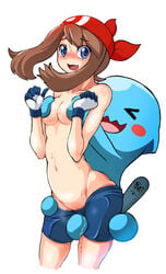 >_< 1girls alternate_version_available ambiguous_gender bandana blue_eyes blush breast_grab breasts brown_hair clinging clothed clothing crotch_grab duo edit female female/ambiguous fondling front_view gloves grabbing_from_behind grope hair hand_on_breast headwear heart heart-shaped_pupils human interspecies larger_female living_tail looking_back mammal masakitchin may_(pokemon) nintendo pants_down partially_clothed pokémon_(species) poképhilia pokemon pokemon_gsc pokemon_rse pokephilia portrait pussy_juice redraw remake simple_background size_difference smile sweat teenager three-quarter_portrait topless video_games white_background wobbuffet young