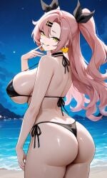 nicole_demara zenless_zone_zero pink_hair green_eyes twintails smirk smirking teasing seductive seductive_look seductive_smile seductive_eyes standing beach night shao145 ai_generated solo_female solo 1girls mature_female curvy curvy_figure curvy_female curvy_body big_breasts big_ass large_breasts large_ass huge_breasts huge_ass looking_at_viewer light_skin light-skinned_female shiny_skin bikini micro_bikini