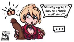 1boy 1girls blonde_hair capcom clothed dark-skinned_male edit eleanor_(monster_hunter) holding_penis huge_cock interracial looking_at_penis mh_mizuki monster_ monster_hunter monster_hunter_stories monster_hunter_stories_3:_twisted_reflection penis precum tongue_out