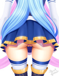 absurdres aqua_(konosuba) ass blacksaikou blue_hair boots bottomless female from_behind highres kono_subarashii_sekai_ni_shukufuku_wo! long_hair lower_body no_panties pov pussy skirt solo thigh_boots thighhighs uncensored very_long_hair