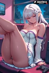 ai_generated 1girls ai_assisted anime highres animeprds25 watermark patreon_username artist_name hi_res high_resolution high_quality stable_diffusion 2025 breasts solo pointy_ears long_hair detached_sleeves bare_shoulders underwear controller looking_at_viewer game_controller smile legs_up panties hair_ornament flower hair_flower ass purple_eyes medium_breasts sitting window kneepits white_hair strapless braid cleavage dress emilia emilia_(re:zero) re:zero_kara_hajimeru_isekai_seikatsu