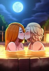 kimberly_ann_possible mikey_(tokyo_revengers) manjiro_sano sano_manjiro kim_possible tokyo_revengers crossover blonde_hair orange_hair cartoon ai_generated novelai hot_spring kissing disney disney_channel