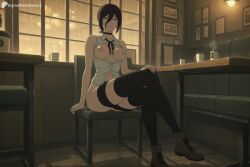 digitalwaifugallery ai_generated patreon seductive sexy uncensored watermark hi_res high_quality high_resolution reze_(chainsaw_man) chainsaw_man 1girl breasts solo nipples crossed_legs sitting indoors thighhighs green_eyes hair_between_eyes shorts choker shirt cup smile black_thighhighs pussy black_hair window navel looking_at_viewer breasts_out sleeveless medium_breasts black_shorts white_shirt black_choker rain table sleeveless_shirt neck_ribbon ribbon collared_shirt brown_footwear open_clothes open_shirt boots short_hair chair full_body panties short_shorts patreon_username mug underwear no_bra shorts_pull bare_shoulders coffee closed_mouth clothes_pull