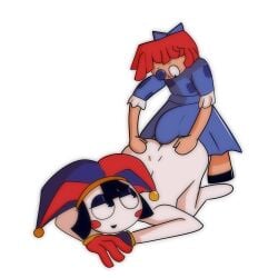 2girls ass ass_focus ass_up blush blushing blushing_female bulge bulge_through_clothing bulge_under_clothes clown clown_girl eyeshadow face_down_ass_up female female_focus futanari implied_futa jester jester_hat jester_outfit naked naked_female pomni pomni_(tadc) pomni_(the_amazing_digital_circus) ragatha_(tadc) ragatha_(the_amazing_digital_circus) shocked shocked_expression shocked_eyes smug smug_face smug_grin tadc the_amazing_digital_circus
