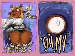 anthro antlers bathroom blonde_hair breasts brown_body clothing crimson_2020 deer deltarune dress fart female furry hair horn looking_at_another mammal new_world_deer noelle_holiday peephole peeping pooping public_restroom reindeer sitting sitting_on_toilet smell smelly solo spying toilet toilet_use undertale_(series) voyeur