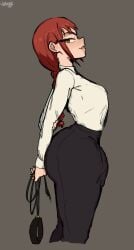 makima_(chainsaw_man) chainsaw_man jeteggs erection_under_clothes futa futanari futa_only collar leash holding_object behind_back fully_clothed looking_at_viewer side_view medium_breasts large_ass ass ass_focus hypnotic_eyes control_devil shirt tie pants bulge_under_clothes hands_behind_back