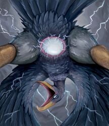 1girls american_mythology animal_genitalia avian beak bird black_body black_feathers cloaca downsstream_(artist) egg egg_laying electricity feathers female female_only feral genitals grey_body grey_feathers hi_res indigenous_north_american_mythology lightning looking_at_viewer mythological_avian mythological_bird mythological_creature mythological_rainbird mythological_thunderbird mythology north_american_mythology solo