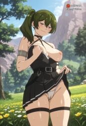 ubel_(sousou_no_frieren) sousou_no_frieren frieren_beyond_journey's_end green_hair blush sweat skirt one_piece_suit dress black_dress dress_lift lifted_by_self lifting_skirt breasts breasts_out nipples large_breasts belt white_lingerie white_panties g-string thong cameltoe erect_clitoris fancyvision ai_generated ai mountain forest curvy voluptuous grabbing grabbing_own_breast deep_skin naughty_face half-closed_eyes hair_bun ponytail