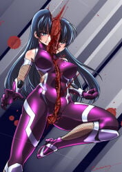anatomy bisected bodysuit commentary_request death dynamic_pose female_death guro highres jumping kamotama long_hair sagittal_plane_cutting solo taimanin_(series)