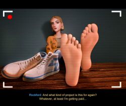 1girls 3d 3d_model 3d_render beeni_cr blonde_hair blue_eyes camera_pov camera_view feet feet_on_table female female_only filter foot_fetish foot_focus mixtape soles solo solo_female stacey_rockford talking text