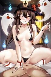 1boy 1girl bare_shoulders bikini black_bikini black_hat blush boo_tao_(genshin_impact) breasts brown_hair censored collarbone commentary_request cowgirl_position flower genshin_impact ghost girl_on_top hat hat_flower hetero highres hu_tao_(genshin_impact) licking_lips long_hair looking_at_viewer mosaic_censoring navel one_eye_closed penis plum_blossoms pussy red_eyes sex small_breasts smile spread_legs straddling swimsuit symbol-shaped_pupils tongue tongue_out twintails vaginal very_long_hair xkzan