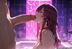 1boy 1girl ai_assisted ai_generated breasts curvaceous curvy curvy_female curvy_figure erection fellatio female from_side hetero honkai:_star_rail honkai_(series) jewelry kafka_(honkai:_star_rail) long_hair miyuai night nude oral penis pink_eyes purple_eyes purple_hair solo_focus testicles thick thick_ass thick_butt thick_hips thick_legs thick_thighs tile_wall tiles voluptuous voluptuous_female wavy_hair wet wet_hair wide_hips wide_thighs