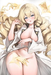 1girl blonde_hair blue_eyes breasts coat commentary_request covering_crotch covering_privates crown_(naked_king)_(nikke) crown_(nikke) drill_hair extra_hands four-finger_heart_hands goddess_of_victory:_nikke heart heart_hands highres large_breasts long_hair looking_at_viewer naked_coat navel official_alternate_costume shiriaru_(jjonaeng) smile solo very_long_hair white_coat