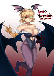 1girls amputee bimbo blonde_hair blush breasts busty cleavage clothing cosplay darkstalkers elbow_gloves hair_over_one_eye hellsing hourglass_figure huge_breasts medium_breasts morrigan_aensland_(cosplay) red_eyes seras_victoria short_hair smile succubus tag tagme the_golden_smurf twin_tails vampire voluptuous