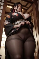 ai_generated big_breasts cleavage japanese_clothes kimetsu_no_yaiba kimono lifting low-angle_view muzan_kibutsuji pantyhose pussy_focus red_eyes red_lipstick thick_thighs