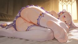 1girl anus ass bare_shoulders bed bed_sheet blush braid closed_mouth crown_braid dress elf feet foot_focus foreshortening full_body garter_straps hair_flower hair_ornament hair_ribbon indoors legs long_hair looking_at_viewer lying no_panties no_shoes on_bed on_side pointy_ears purple_eyes purple_ribbon pussy ribbon skirt soles solo thighhighs thighs toes uncensored upskirt white_hair white_thighhighs emilia_(re:zero) re:zero_kara_hajimeru_isekai_seikatsu ai_generated