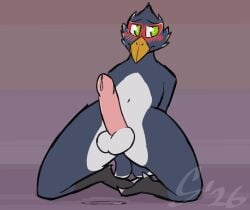 animated anthro avian blush bodily_fluids breath_of_the_wild genital_fluids genitals humanoid_genitalia humanoid_penis kneeling looking_away male male_only nintendo nude penis precum precum_on_ground revali rito solo sombird the_legend_of_zelda throbbing throbbing_penis
