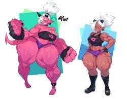 bulumble-bee female demon demon_girl white_hair yellow_eyes sharp_teeth horns broken_horn muscular muscular_female thick_thighs huge_thighs breasts big_breasts ear_ring ponytail