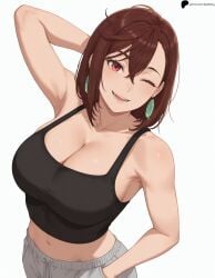 1girl 1girls ai_generated arm_behind_head armpits ayase_momo bangs black_tank_top breasts brown_hair cleavage collarbone dandadan earrings hair_between_eyes happy hi_res high_quality high_resolution highres large_breasts light lips looking_at_viewer medium_hair midriff navel nose opal_nemy open_mouth pants patreon_logo patreon_url patreon_username plain_background red_eyes self_upload shadow shiny shiny_hair shiny_skin simple_background smile solo sweatpants tank_top teeth watermark white_background
