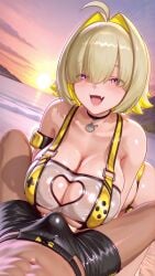 ai_generated goddess_of_victory:_nikke elegg_(nikke) elegg_(boom_and_shock)_(nikke) swimsuit 1girls 1boy 1girl 1boy1girl teasing imminent_sex skin_fang large_breasts erection_under_clothes erection bulge bulge_through_clothing sling_bikini slingshot_swimsuit cleavage boobs boob_window choker hair_over_eyes eyes_visible_through_hair between_legs male_pov beach