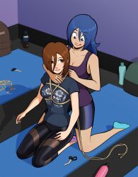 2girls blue_eyes blue_hair bondage brown_eyes brown_hair female female_only femsub fully_clothed kneeling leggings lezdom png rope scissors socks tight_clothing wossarem