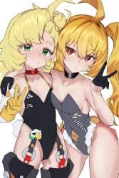 blonde_hair long_hair luciana_de_montefio lucy_(zenless_zone_zero) multiple_girls piper_wheel side-by-side v zenless_zone_zero
