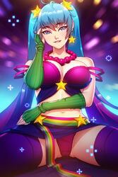 1girls absurd_res arcade_series arcade_sona biting_lip blue_hair bra breasts clothing elbow_gloves female female_only high_resolution league_of_legends long_hair panties patreon_reward pinkladymage sitting skirt solo sona_buvelle spread_legs thighhighs upskirt