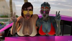 2girls asari beach big big_ass big_breasts big_lips bikini blue_skin cleavage clothed clothed_female commander_shepard exhibitionism femshep freckles in_public jane_shepard looking_over_eyewear looking_over_sunglasses mass_effect mouth_open open_mouth peace_sign red_hair rotosama saliva samara sunglasses sweat sweatdrop sweating tinted_eyewear tongue_out wide_eyed