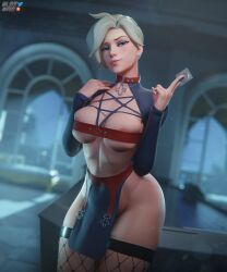1girls 3d big_breasts blonde_hair blue_eyes condom fishnets hasfeldt imminent_sex looking_at_viewer mercy overwatch