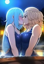 rimuru_tempest mikey_(tokyo_revengers) manjiro_sano sano_manjiro that_time_i_got_reincarnated_as_a_slime tokyo_revengers blue_hair crossover kissing blonde_hair hot_spring novelai ai_generated ai swimsuit