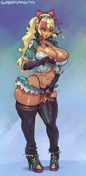 1girls big_breasts blonde_hair body_writing breasts cleavage cutesexyrobutts dark-skinned_female dark_skin dynasty_warriors female female_only gyaru high_heels large_breasts long_hair microskirt panties pasties skimpy skirt solo thighhighs thong voluptuous wang_yuanji whale_tail