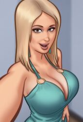 1girls 2d 2d_(artwork) ai_assisted ai_generated big_breasts blonde blonde_female blonde_hair breasts cleavage daeisi digital_drawing_(artwork) digital_media_(artwork) dress female female_focus female_only iwanka_(summertime_saga) light-skinned_female light_skin looking_at_viewer selfie selfie_pose smile smiling summertime_saga
