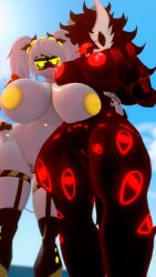 2girls 3d beach big_breasts crossover female female_only folly_(regretevator) glitch_productions j_(murder_drones) looking_down_at_viewer murder_drones peace_sign regretevator silver2299 tagme trackservolt vrchat