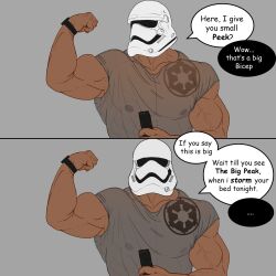 chest_tattoo dark-skinned_male dark_skin double_meaning flexing flexing_bicep helmet leograndox looking_at_viewer lucasfilm male_only mask muscular muscular_male no_nudity no_sex not_porn olive_skin see-through_clothing see-through_shirt simple_background solo_male speech speech_bubble star_wars stormtrooper talking_to_viewer tanned tanned_skin tatoo text text_bubble