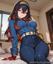 absurd_res ai_generated alternate_version_at_source alternate_version_available female female_focus hi_res highres ozziru patreon self_upload uncensored pokemon nintendo carmine_(pokemon) video_games video_game_character video_game video_game_franchise indoors indoor indoors_sex inside cute cute_face black_hair long_hair red_hair multicolored_hair two-tone_hair colored_inner_hair bangs hair_between_eyes crossed_bangs red_eyes bed bedroom bedroom_eyes room day daytime solo solo_focus solo_female sitting leaning_forward looking_at_viewer looking_pleasured smug smug_face