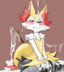 ambiguous_gender animal_ears artist_request black_fur blush braixen brown_background bukkake cum cum_on_body cum_on_face cum_on_lower_body cum_on_upper_body cute_fang excessive_cum facial fang female flat_chest fox_ears fox_tail furry half-closed_eyes hands_together knees_together_feet_apart looking_up maroon_background navel nintendo no_humans no_nipples orange_fur pokémon_(species) pokemon pokemon_(species) pokemon_xy red_eyes simple_background sitting solo stick tail teeth v_arms wariza wavy_mouth yellow_fur