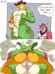 2boys alligator anal_sex anthro anthro_on_anthro anus ass bara big_ass butt dap1h dialogue english_text gay gummigoo_(the_amazing_digital_circus) handjob hat legs_lock male male/male male_only mating_press moaning muscular muscular_male nipples nude pecs penetration sex size_difference small_dom_big_sub smaller_male spread_legs standing text the_amazing_digital_circus