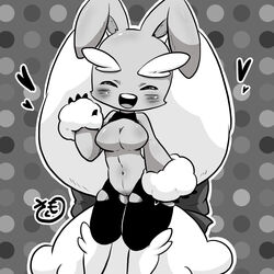 animal_ears artist_request blush bow breasts bunny_ears closed_eyes female furry grey_background greyscale hand_up happy heart large_breasts lopunny mega_lopunny mega_pokemon monochrome navel no_humans no_nipples nude open_mouth outline pantyhose pokemon pokemon_(species) pokemon_dppt pussy signature simple_background smile solo standing teeth text torn_clothes torn_legwear translation_request uncensored waving