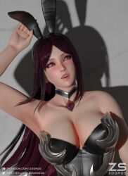 1girls 3d 3d_(artwork) 3dx arousal aroused big_breasts bikini_armor black_dress blender_(software) blush bunny bunny_costume bunny_ears bunny_girl bunnygirl bunnysuit cleavage female grey_eyes hand_on_head headgear irelia_xan league_of_legends leotard light-skinned_female light_skin looking_at_another looking_away looking_up mascara necklace open_mouth pinup pinup_pose red_hair smile smiling zodros