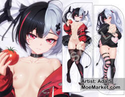 1girls black_pantyhose breasts dakimakura dakimakura_design female lacrimosa_(neverness_to_everness) long_hair looking_at_viewer moemarket multicolored_hair navel neverness_to_everness nipples pussy red_eyes red_jacket small_breasts solo twintails uncensored