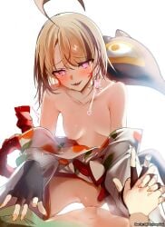 2girls ahoge artist_name artist_request bare_breasts bare_shoulders barely_clothed blushing cecilia_immergreen clavicle female female_only gigi_murin gigi_murin_(new_year) heart heart-shaped_pupils holding_hands hololive hololive_english hololive_english_-justice- joints orange_nails patreon_username pink_eyes rubbing_pussy small_breasts source_request straddling sweat tagme tail tribadism virtual_youtuber white_background yuri
