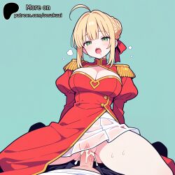 ai_generated ai_art 2026 sosakuai simple_background simple_shading patreon patreon_username patreon_url fate_(series) fate/extra nero_claudius_(fate) nero_claudius_(fate/extra) 1girl breasts looking_at_viewer blush open_mouth large_breasts blonde_hair long_sleeves 1boy dress ribbon cleavage green_eyes ahoge braid hair_ribbon sidelocks hetero thighs sweat teeth penis pussy solo_focus puffy_sleeves sex spread_legs cum hair_bun vaginal red_ribbon see-through clothing_cutout uncensored saliva pov cum_in_pussy no_panties hair_intakes ass_visible_through_thighs red_dress cleavage_cutout single_hair_bun straddling juliet_sleeves girl_on_top drooling french_braid cowgirl_position green_background clothed_sex epaulettes cum_overflow clitoris aqua_background