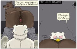 anal anthro anus anus_focus avian balls beak big_butt bird black_eyes blush bodily_fluids body_hair border bottomwear bottomwear_down brown_body brown_fur butt butt_hair butt_sniffing canid canine canis clothed clothing comic dialogue digital_media_(artwork) dirty dirty_clothing dirty_feet dirty_socks duo english_text feathers feet footwear fur furniture genitals glory_hole grey_clothing hairy hairy_balls hi_res looking_back male male/male male_anthro mammal musk narrowed_eyes nude oral overweight overweight_male owl pants pants_down partially_clothed pink_anus presenting presenting_anus presenting_hindquarters pubes rear_view red_eyes rimming rodent sex simple_background smelly smile sniffing socks sound_effects speech_bubble stinkdyde sweat sweatdrop teeth text werewolf_jones white_body white_border white_fur wolf yellow_beak