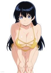 stayaliveplz 1girls absurdres arato_nagi armpit_crease bangs bare_shoulders bent_forward bent_over bikini black_hair blue_bikini blue_eyes blush bow bow_bikini breasts cleavage commentary commission cute ear_piercing ear_ring earrings english_commentary female female_focus female_only front_view grey_background hands_on_own_legs highres huge_breasts jewelry large_breasts leaning_forward legs long_black_hair long_hair looking_at_viewer mixed-language_commentary navel pixiv_commission ruri_no_houseki side-tie_bikini_bottom simple_background solo solo_female solo_focus sweat sweatdrop sweating sweaty sweaty_body swimsuit thick_thighs thighs wet white_background smiling smiling_at_viewer bending_over bending_forward gold_bikini