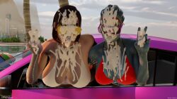 2girls asari beach big big_ass big_breasts big_lips bikini blue_skin cleavage clothed clothed_female commander_shepard cum cum_in_mouth cum_on_breasts cum_on_face cum_on_hand exhibitionism femshep freckles in_public jane_shepard looking_over_eyewear looking_over_sunglasses mass_effect mouth_open open_mouth peace_sign red_hair rotosama saliva samara sunglasses sweat sweatdrop sweating tinted_eyewear tongue_out wide_eyed