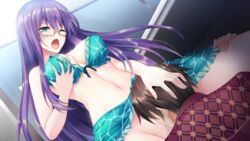 bikini black_hair blush breast_hold breasts brown_hair bug_system censored cunnilingus daichi_shoutarou game_cg glasses green_eyes haze_man_-_the_local_hero_- kyou_(kurifuto) long_hair male mikazuki_touko navel purple_hair pussy pussy_juice short_hair swimsuit wink