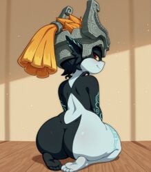 1girls ai_generated body_markings breedorbred butt_crack casual_nudity comfyui dat_ass dimples_of_venus dust_particles elf_ears feet female female_only hi_res looking_back masked_female midna nude orange_hair red_eyes seiza shortstack simple_background sitting smile solo sunlight the_legend_of_zelda thick_ass toes two-tone_body yellow_sclera
