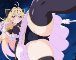 1girl antenna_hair ass black_capelet black_dress black_panties black_thighhighs blonde_hair blush cameltoe capelet closed_mouth commentary_request cure_arcana_shadow diamond_hairband dress earrings extended_upskirt frills gem gradient_hair hair_intakes highres incoming_attack incoming_kick jewelry kicking leg_up long_hair looking_at_viewer magical_girl meitantei_precure! moria_luluka motion_blur multicolored_hair panties pantyshot pink_eyes pink_hair precure pretty_cure purple_gem solo suzumori_kuroku thighhighs two-tone_hair underwear upskirt v-shaped_eyebrows veil