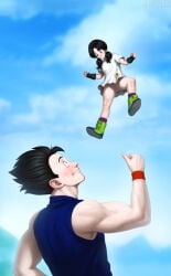 anime bare_pussy black_hair blue_eyes bottomless bottomless_female clouds dbz dragon_ball dragon_ball_z fanart flying hairless_pussy happy jojobanks looking_down looking_up nosebleed pigtails public public_exposure public_nudity smile smilling son_gohan thumbs_up twintails videl videl_(dragon_ball_z) videl_(long_hair)